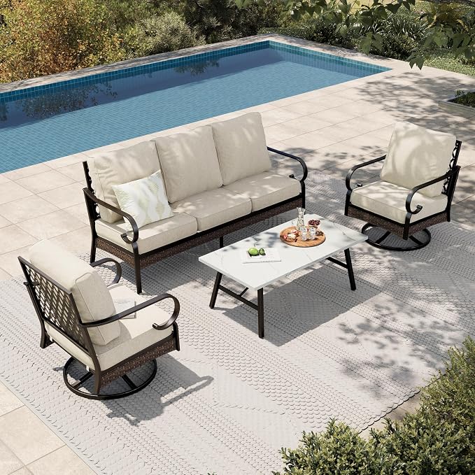 HERA'S HOUSE 4 Piece Metal Patio Furniture Set, All Weather Outdoor Conversation Set with 3 Seat Sofa, 2 Swivel Chairs & Coffee Table, Seats 5 for Backyard, Garden, Deck, Beige