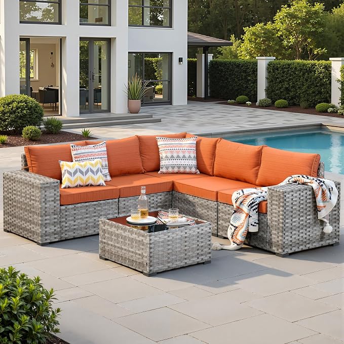 6 Pieces Patio Furniture Set, Outdoor Wicker Sectional Sofa with 7.7" Extra Wide Armrests, Modern Rattan Modular Conversation Set with Thickened Deep Seat Cushions for Garden, Backyard, Orange-Red