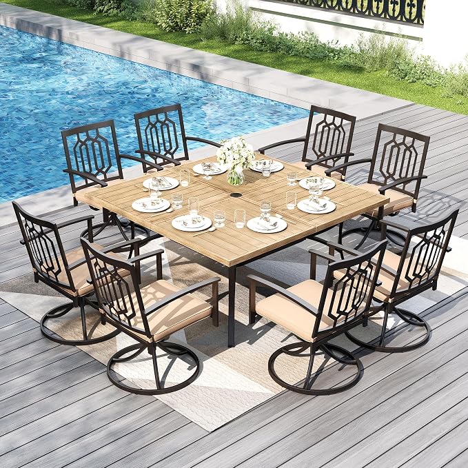 PHI VILLA 9 Pcs Outdoor Dining Set& Square Wood-Like Wrought Iron Table | Swivel Metal Steel Chairs, Large Outside Furniture Set for Patio, Porch, Deck, Backyard