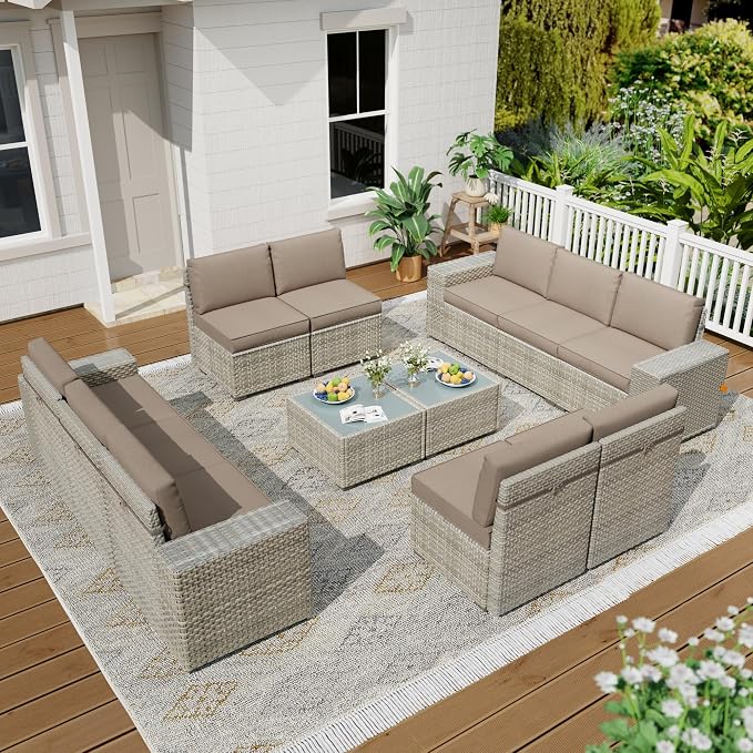 12 Piece Patio Furniture Set, 9.8" Wide Arm Sectional Sofa with Storage Armrests, All-Weather Rattan Outdoor Conversation Set for Garden, Porch, Lawn, Backyard, Balcony, Khaki
