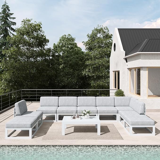 LayinSun 10 Pieces Modern Aluminum Patio Furniture Set with Coffee Table, Outdoor Modular Sectional Conversation Set L-Shaped Sofa for Backyard
