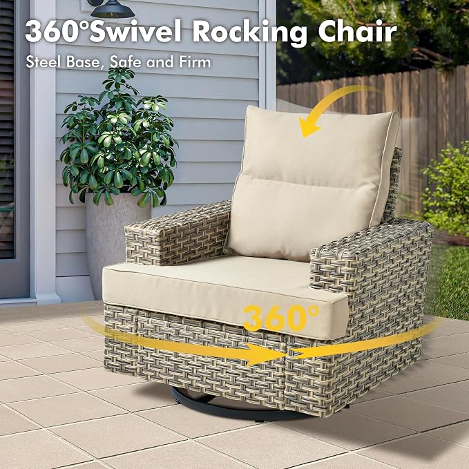 Weaxty 10 Pieces Outdoor Patio Furniture Set with Swivel Rocking Chair, Outdoor Sectional Sofa Couch Wicker Modular Patio Conversation Set w/42 Fire Pit and Coffee Side Table,Beige