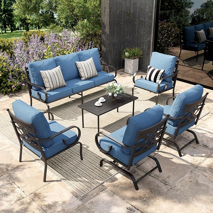 Sophia & William Patio Conversation Set for 7, 3-Seater Sofa, 2 Fixed Chairs, 2 Rocking Chairs and a Coffee Table, Metal Outdoor Furniture with 5.75" Extra Thick Cushions, Navy