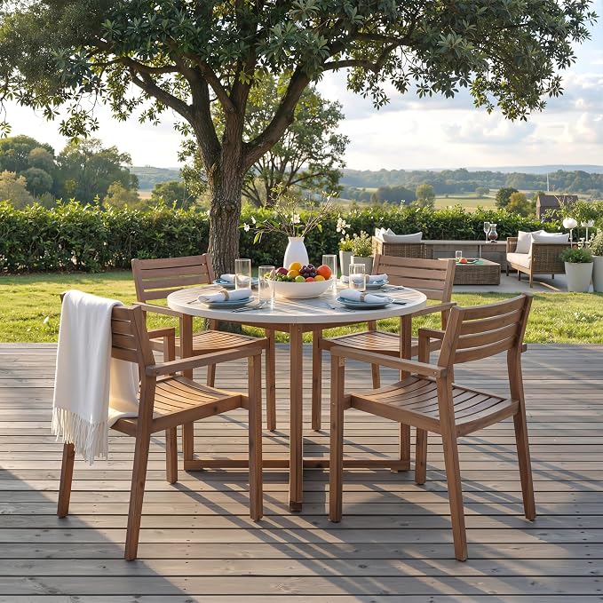 5 Pieces Outdoor Acacia Wood Dining Table Set with 47.2" L Slatted Round Table and 4 Chairs, Modern Patio Dinner Set with Cushions for Backyard, Lawn, Garden, Poolside or Indoor, Light Gray