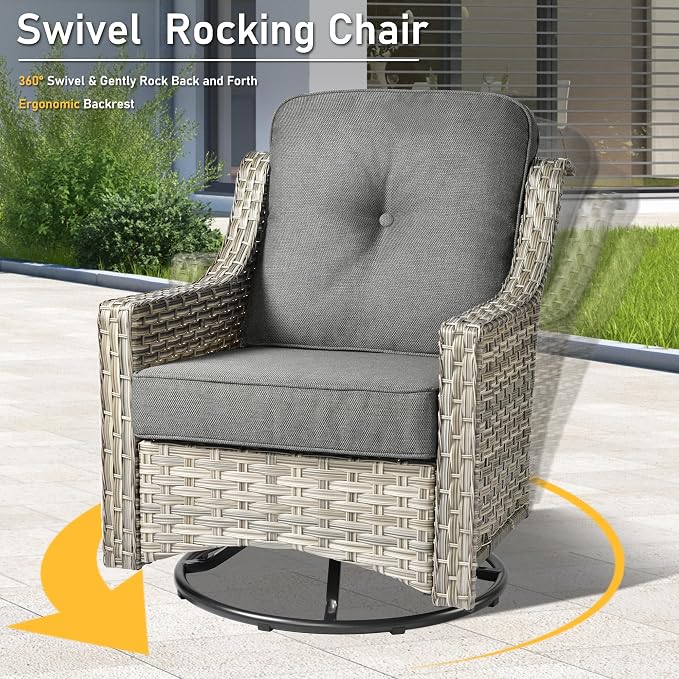 HOOOWOOO 6 Piece Patio Furniture Conversation Sets with Swivel Rocking Chairs,Outdoor Wicker Furniture with Ottoman,All Weather Resistant High Back Rattan Conversational Set(Dark Grey Gray)