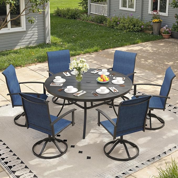 7 Pieces Round Patio Dining Set, Outdoor Furniture of 50" Round Patio Table and Patio Swivel Chairs for Backyard Lawn Garden, Black Table and Dark Blue Chairs
