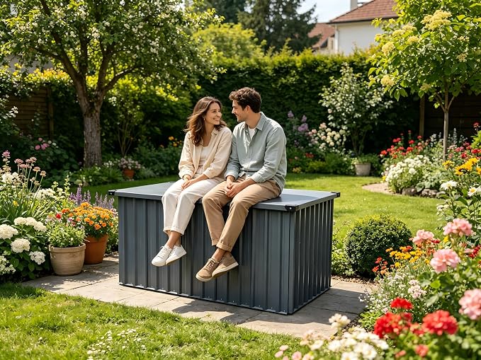 Garvee Outdoor Storage Box, 115 Gallon Waterproof Metal Storage Box, Outdoor Deck Boxes, UV Resistant Patio Storage Box with Lockable Lid for Patio Furniture Cushions, Pillows, Garden Tools, Blank