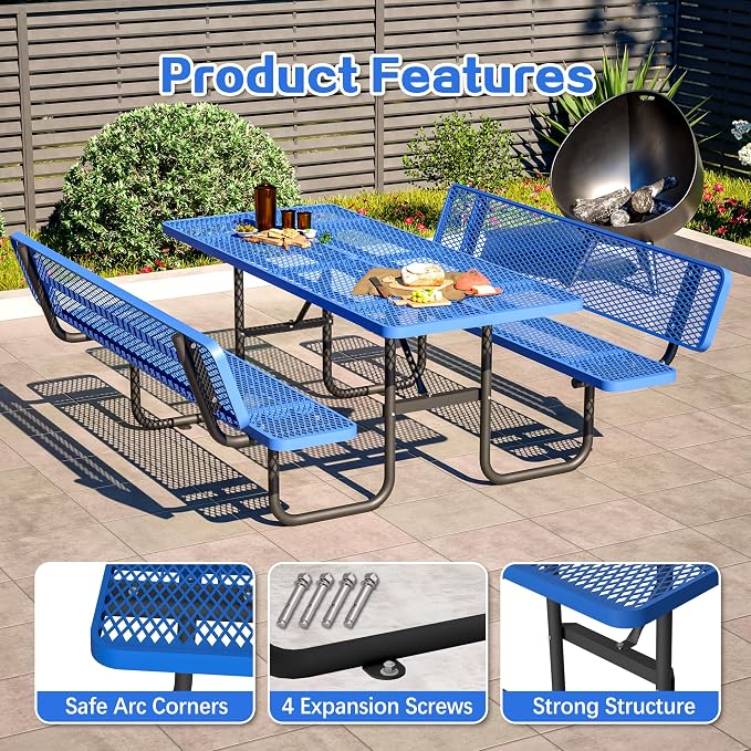 72" Heavy-Duty Iron Mesh Picnic Table Set with Backrest Blue | 1.73'' Umbrella Hole, Commercial-Grade Outdoor Table for Patio, Garden or Park–Rust-Resistant, Heat-Proof, All-Season Use