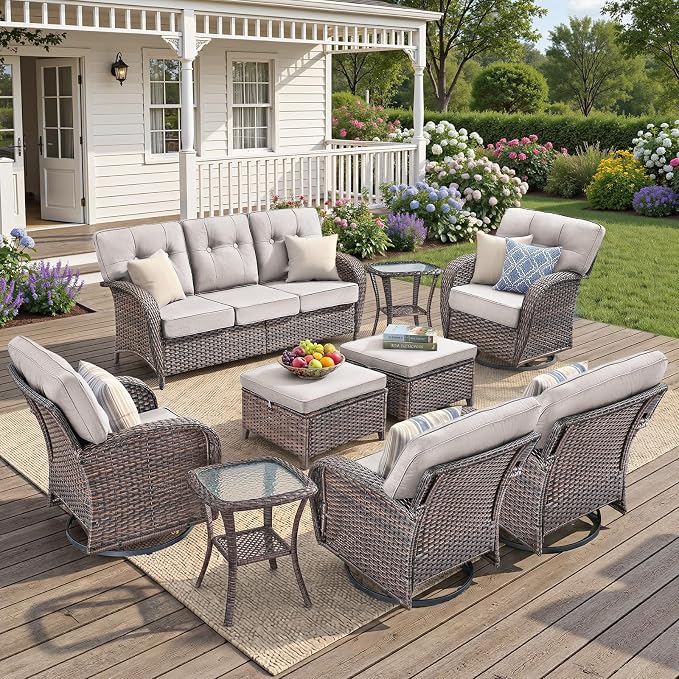 9 PCS Patio Furniture Set Outdoor Sectional Sofa Couch with Rocking Swivel Chairs 5" Deep Seat Chairs, Modern Wicker Rattan Conversation Set, Beige/Brown Wicker