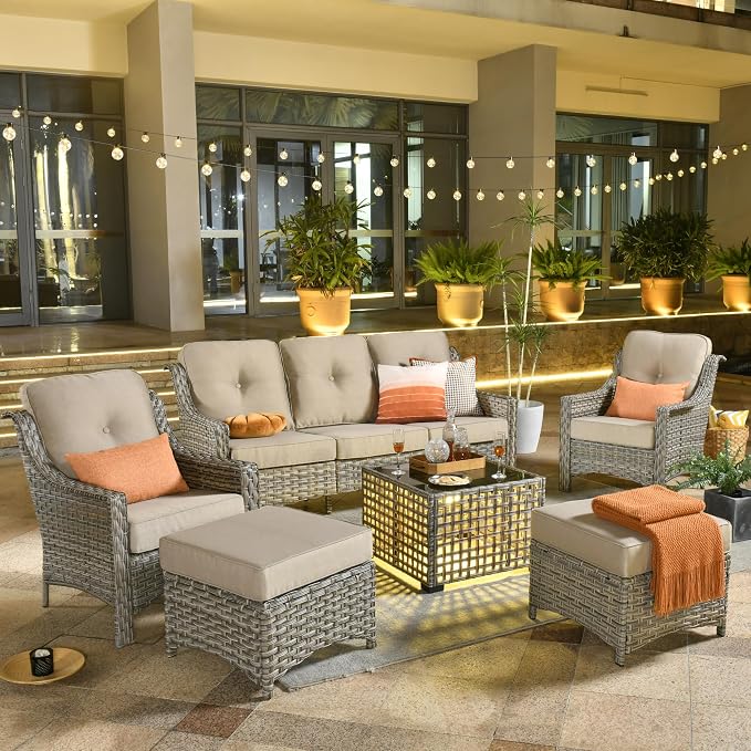ovios 6 Piece Outdoor Patio Furniture with 3 Seat Sofa,Rattan Wicker Coversation Set with High Back,Sectional Single Sofa with Ottoman for Outside Porch Balcony Backyard Pool, Beige