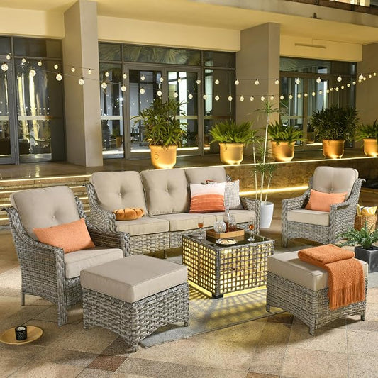 ovios 6 Piece Outdoor Patio Furniture with 3 Seat Sofa,Rattan Wicker Coversation Set with High Back,Sectional Single Sofa with Ottoman for Outside Porch Balcony Backyard Pool, Beige