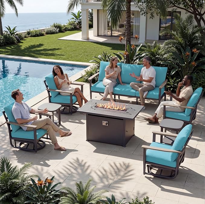 Aluminum Outdoor Patio Furniture Set with Swivel Rocking Chairs 7-Seat, Patio Sectional Sofa Patio Conversation Set with 55,000 BTU Fire Pit Table & High Backrest, Turquoise