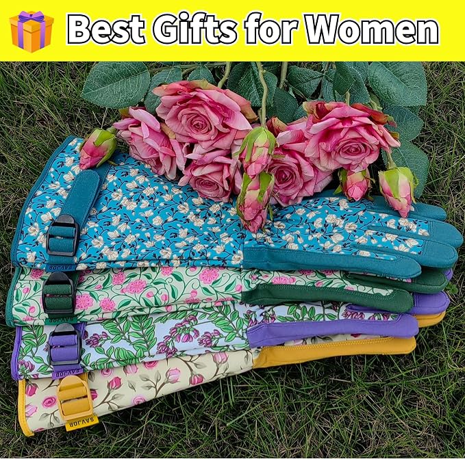 Thornproof Gardening Gloves,Garden Glove for Rose Picking,Gifts | Durable Canvas with Cute Floral Pattern,Synthetic Leather,Touchscreen,Gardening Gifts for Men&Women,Digging,Weeding,Pruning