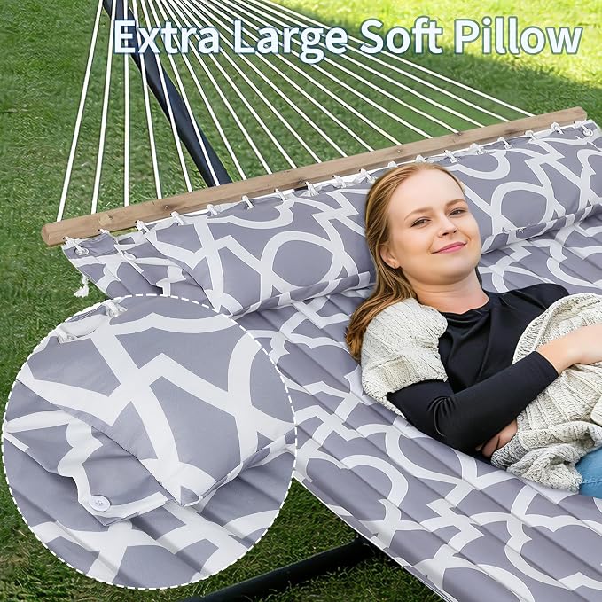 GarveeHome 2 Person Hammock with Stand, Heavy Duty Hammock with Carrying Bag, Soft Pillow, 475 lbs Capacity, Freestanding & Portable for Patio, Garden, Camping, Light Grey