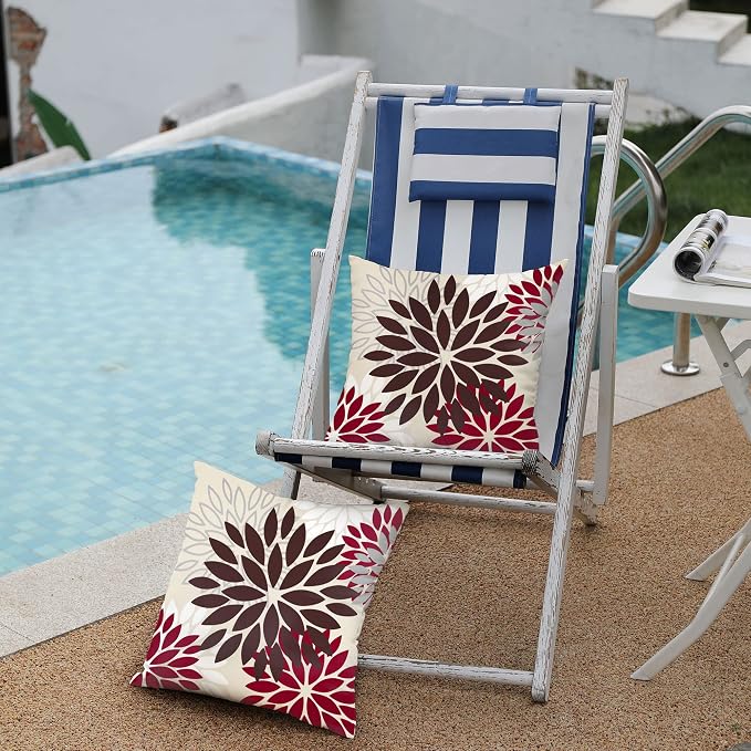 DFXSZ Outdoor Waterproof Pillow Covers 18x18 Set of 2 Brown Red Flower | Spring Summer Waterproof Flower Throw Pillowcases（No Inserts）Outdoor Decor for Fall Patio Funiture Garden Polyester Covers