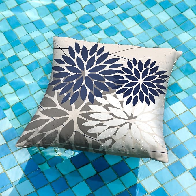 DFXSZ Pack of 2 Outdoor Waterproof Throw Pillow Covers 16x16 NavyBlue Grey | Polyester Colorful Spring Summer Floral Decorative Cushion Cases(NO INSERT),For Couch Patio Funiture Garden Home Decor