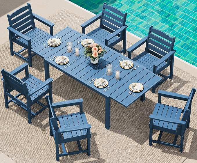 SERWALL 60" - 83" Expandable Outdoor Dining Table and 6 HDPE Chairs, Blue | Outdoor Dining Set for 6, All Weather Aluminum and HDPE Outdoor Furniture Set, Extendable Patio Dining Table