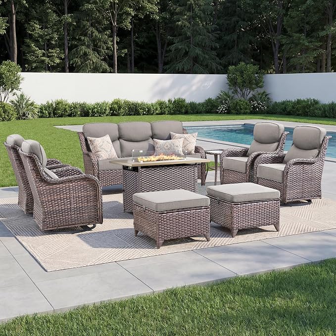 Luxury Patio Furniture Set with 6-inch Thick Cushion, Outdoor Furniture with Fire Pit Table, Swivel Chairs, Sofa, Side Table, Ottomans, 9pcs Wicker Conversation Set(Brown Wicker | Grey Cushion)