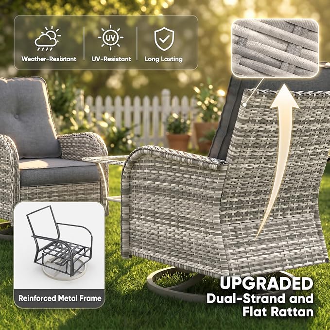11-Piece Small Patio Furniture Set, Outdoor Swivel Rocking Chairs Set with Ottomans, Patio Bistro Set for Balcony, Deck, Porch, Black