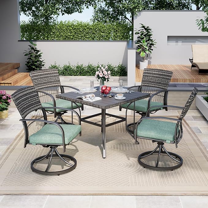 Pamapic 5-Piece Outdoor Dining Set with Swivel Chairs, Rattan Patio Furniture for Backyard, Deck, Garden, Weather-Resistant Iron Slats Table & 4 Chairs with Removable Cushions (Green)