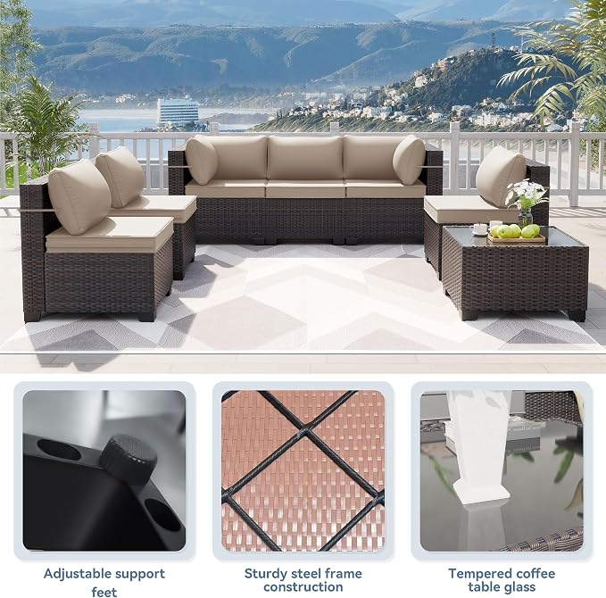 Kurapika 12 Pieces Patio Furniture Set, Rattan Wicker Sofa Set, Outdoor Conversation Sets w/Swivel Rocking Chairs Patio Sectional Sofa w/4 Inch Cushion, Sand
