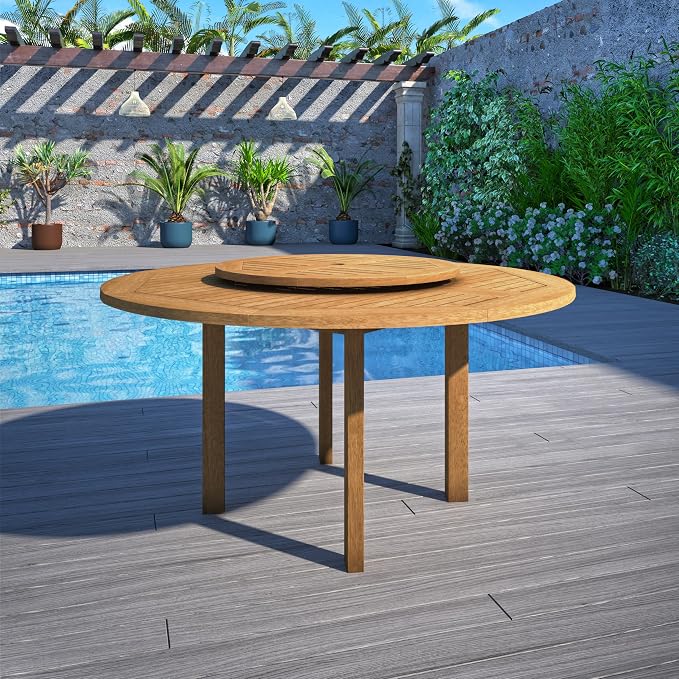 Urban Elements Melbourne 7-Piece Patio Furniture Set | Teak Finish 100% FSC Eucalyptus Wood | Backyard Furniture, Outside Table and Chairs, Round Outdoor Dining Set, White