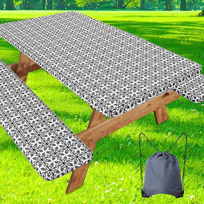 misaya Picnic Table Cover with Bench Cover, Waterproof Elastic Fitted Tablecloth for 8 Foot Tables, Rectangle Washable Polyester Tablecloths for Picnic, Camping, Outdoor (Black, 30" x 96")