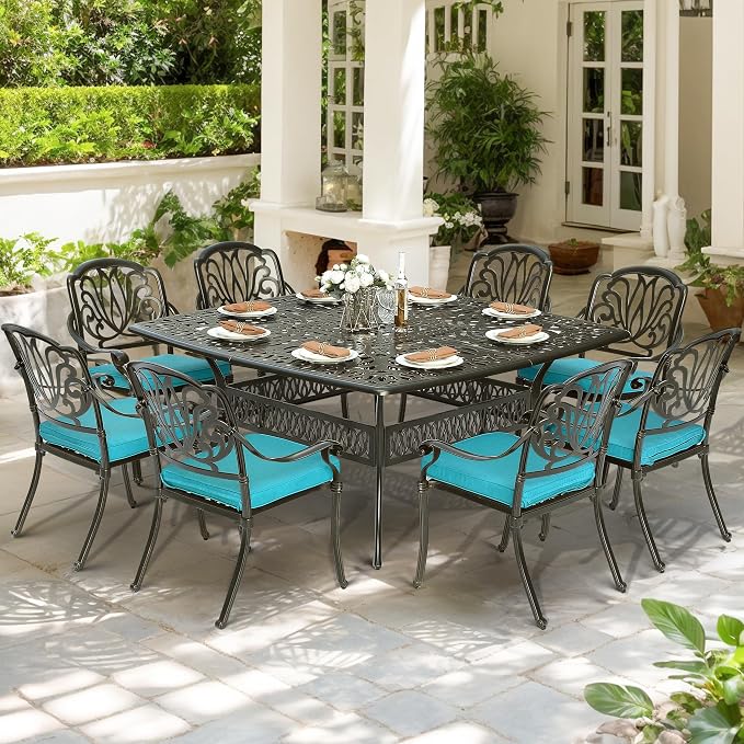 9-Piece Patio Cast Aluminum Dining Set, Outdoor Dining Furniture Set for 8 Person, Includes 64" Square Table and 8 Cushioned Chairs with Umbrella Hole for Patio Deck Garden, Ocean Blue