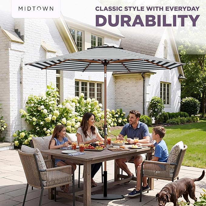 Midtown Umbrellas Wooden 2-8 Ft Patio Umbrella with 360° Swivel & Tilt Mechanism, 8 Fiberglass Ribs & Terylast Polyester Fabric for Deck, Pool, Garden & Porch - Zebra Canopy, Wooden Pole