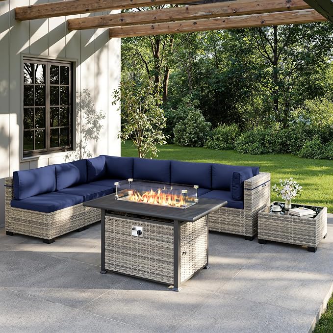 8-Piece Outdoor Patio Furniture Set with 55,000 BTU Fire Pit Table, PE Wicker Rattan Sectional Sofa Conversation Set - All-Weather Garden, Backyard Furniture, Navy Blue
