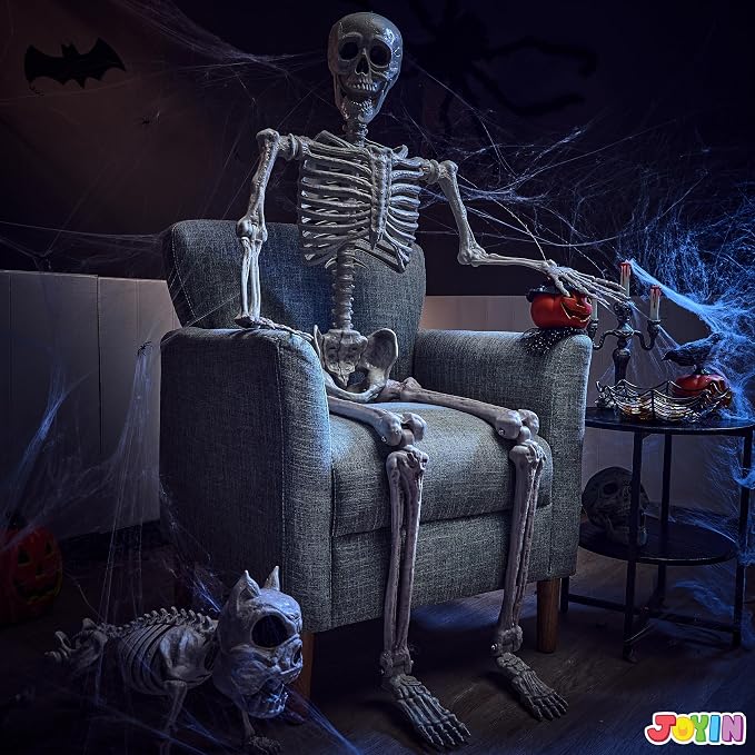 JOYIN 5.6 FT Halloween Posable Life Size Skeleton, Full Body Realistic Bones with Movable Joints, Giant Skeletons Halloween Decorations for Indoor Outdoor Haunted House Props, Spooky Scene Party Decor