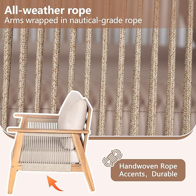 Outdoor 4pc Acacia Wood and Rope Sectional Patio Corner Set