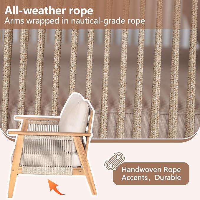 Merax Outdoor 4-Piece Acacia Wood & Rope Sectional Patio Set, Loveseat, Chair & Table with Water-Repellent Cushions