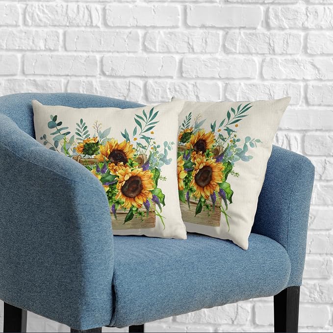 Spring Summer Floral Pillow Covers 24X24 Yellow Sunflowers Decorative Pillow Case Set of 2 Watercolor Flowers Cotton Linen Cushion Case for Outdoor Patio Living Room Car