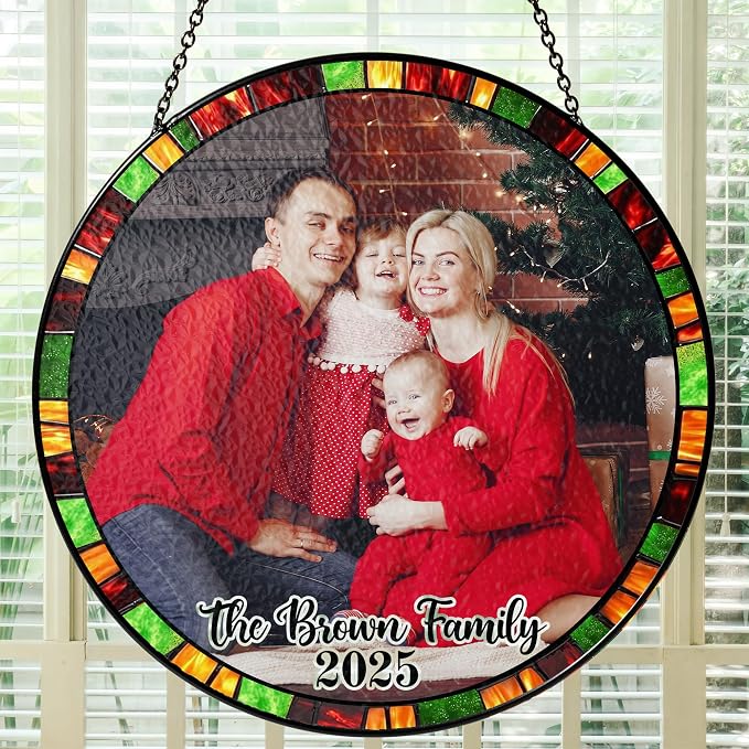 Personalized Stained Glass Christmas Suncatcher – Custom Family Photo Window Decor – First from Mom and Dad – Festive Holiday Keepsake Ornament