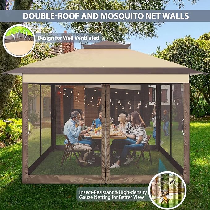 COBIZI Pop Up Gazebo 11x11 One-Push Canopy Tent, Carpas para Patio, Outdoor Canopy Shelter with Double Roof Ventiation 121 Square Feet of Shade for Lawn, Garden, Backyard and Deck,Brown(Upgraded 2.0)