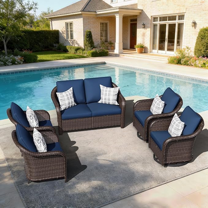 5 PCS Outdoor Conversation Set | 55" Couch, 2 Chairs, 2 Swivel Chairs, Patio Wicker Conversation Furniture with Removable Cushions for Bistro, Deck, Sunroom (Navy Blue)