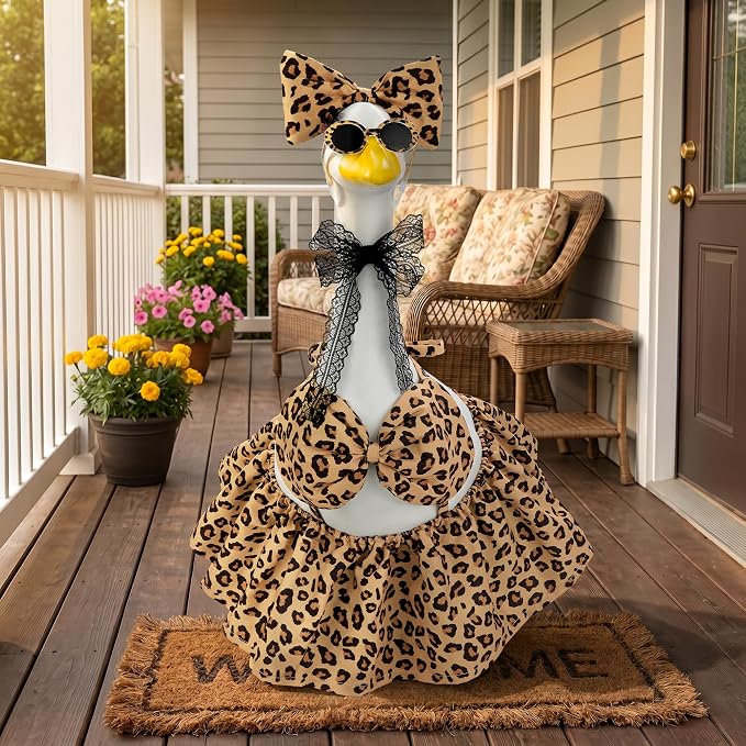 Leopard Bikini Porch Goose Outfit Set for 23 Inch Goose Statue, Swimsuit with Bow Eyelashes Lace Sunglasses Strap, Wild Style Summer Goose Clothes Decor (Leopard)
