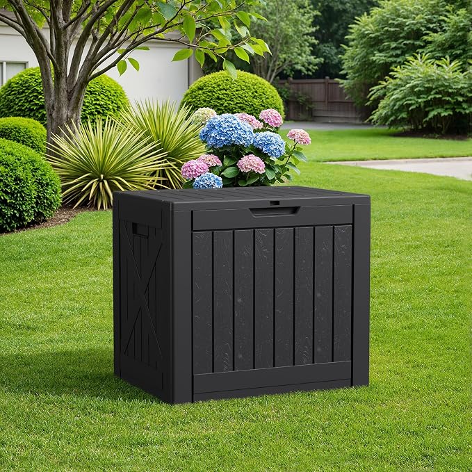 Flamaker Resin Deck Box 40 Gallon Waterproof Outdoor Indoor Storage Box Imitation Wood Resin for Patio Furniture Garden Tools and Pool (Black)
