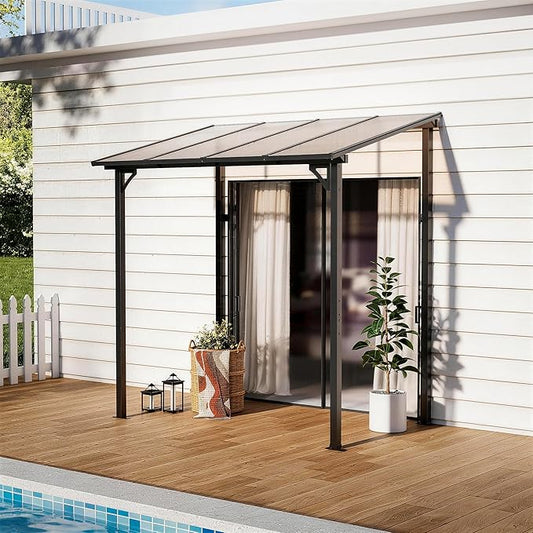5' x 8' Lean to Gazeb,Hardtop Galvanized Steel Pergola with Sloped Polycarbonate Roof,Wall Mounted Gazebo Patio Canopy with Ground Anchor for Backyard Deck