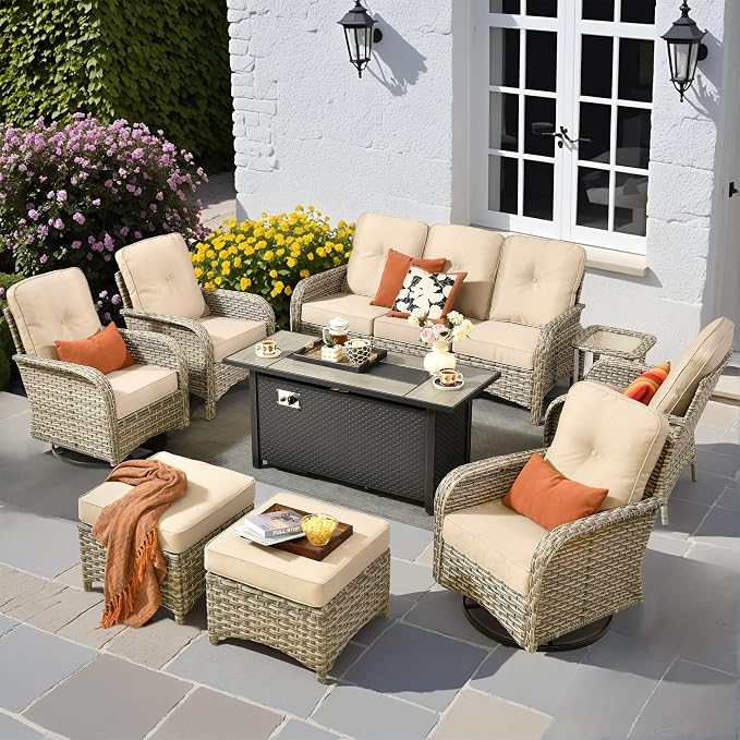 9 PCS Outdoor Patio Furniture Set with Fire Pit Table and Swivel Rocking Chairs,All Weather Wicker Rattan Patio Seating Sofa and Chair Set with Ottomans,Outdoor Conversation for Porch Deck Yard,Beige