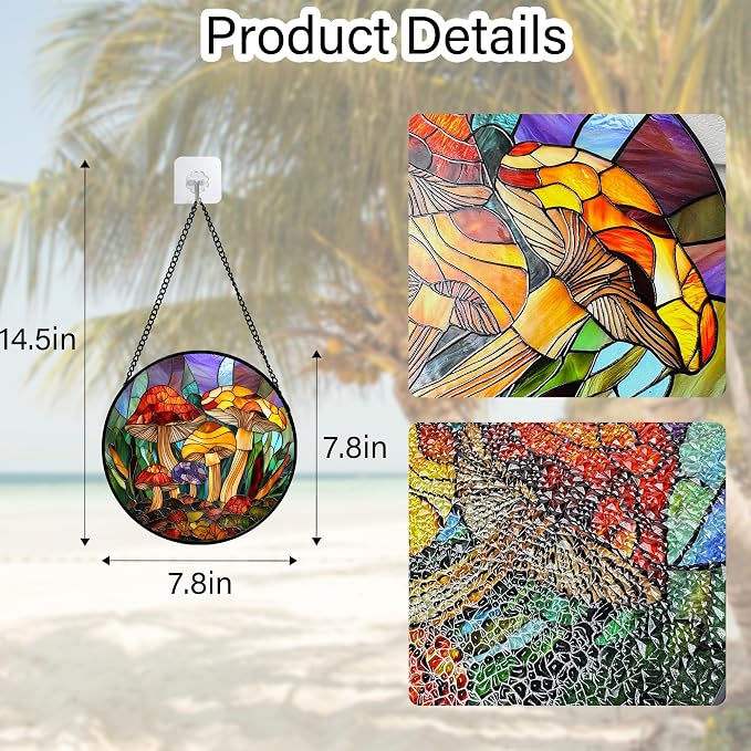 DASTOLL Stained Glass Window Hanging, Jungle Mushrooms Sun Catchers Diamond Glass Panel Hangings Plant Suncatcher Decor for Birthday for Women, Men, Wife, Aunt, and Mom 7.8 in