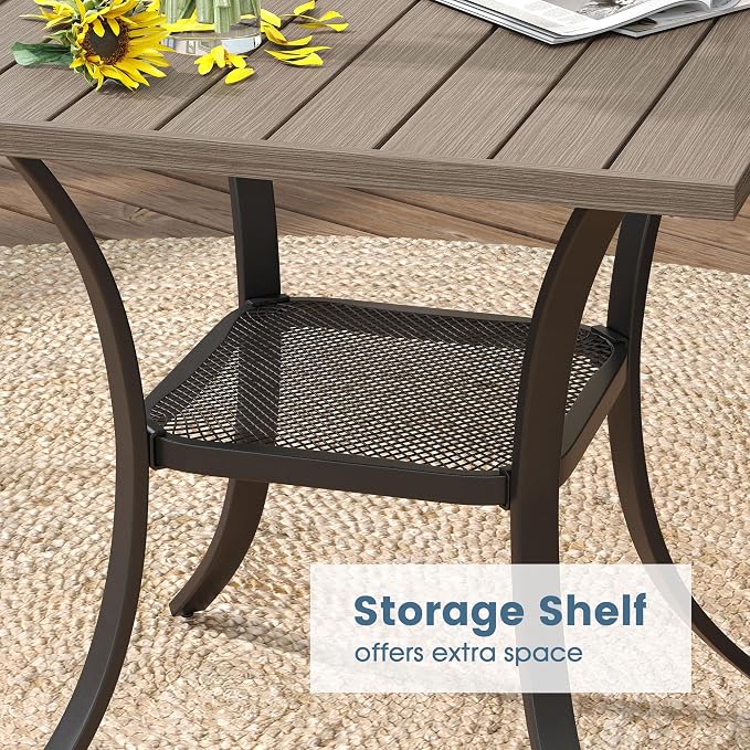 DIFY 3 Pieces Outdoor Patio Dining Set for 2, 27.6" Small Grey Wood-Like Square Metal Dining Table and 2 Sandshell Patio Stackable Chairs with Metal Frame, Outdoor Table and Chairs for Garden Porch