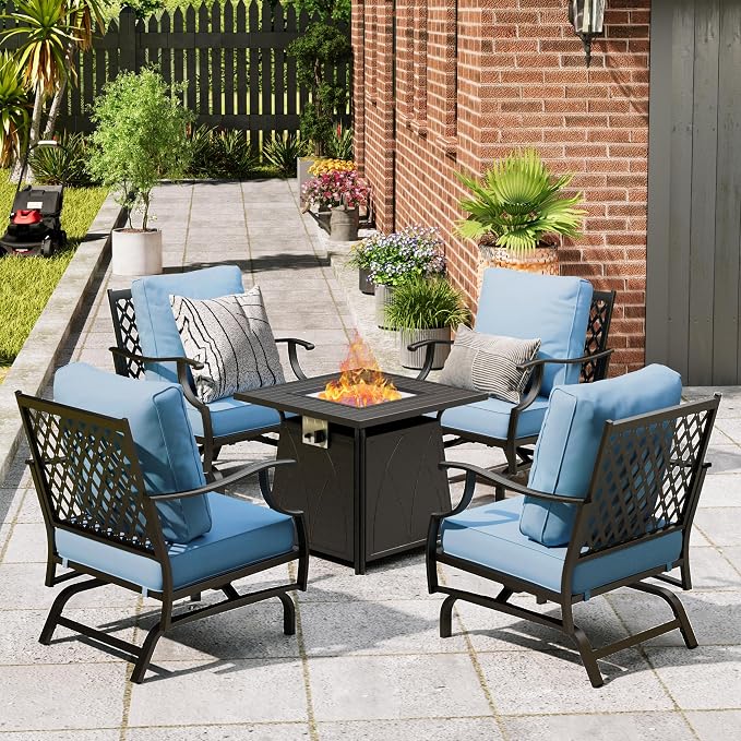 MIXPATIO Patio Furniture Set with Fire Pit Table, 5 Pcs Metal Outdoor Conversation Set, 4 Rocking Chairs with 5.75" Extra Thick Cushion and 28" Fire Pit Table for Backyard Deck, Blue