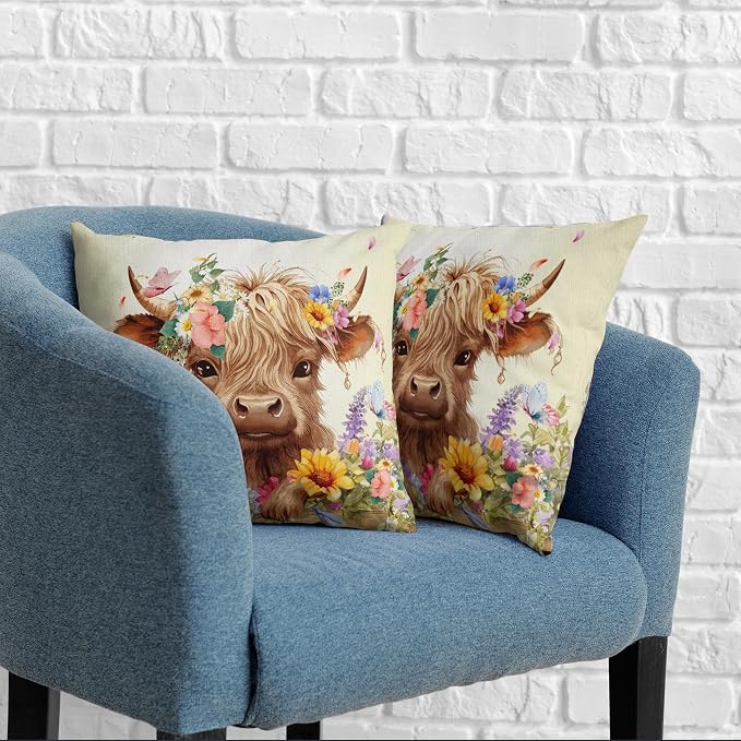 Highland Cow Pillow Covers 22x22 Set of 2 Cattle with Flowers Throw Pillow Covers Spring Outdoor Pillowcase Cotton Linen Farmhouse Cushion Case for Sofa Outdoor Patio