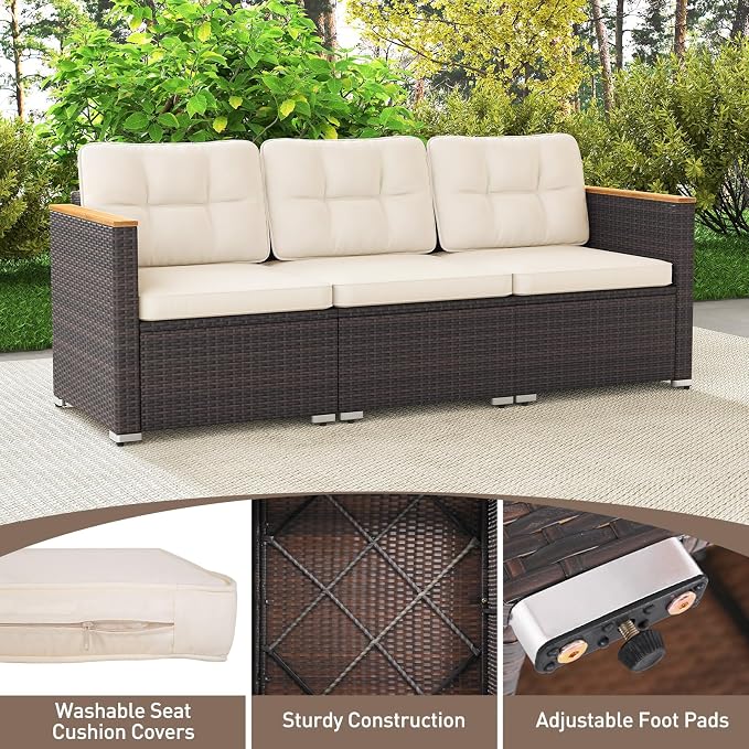 Tangkula 3-Seat Patio Wicker Couch Sofa, Outdoor 3 Seater Rattan Furniture Set with Acacia Wood Armrests & Thick Cushion, Outside Sectional Sofa Couch for Porch, Deck, Garden and Backyard, Off White