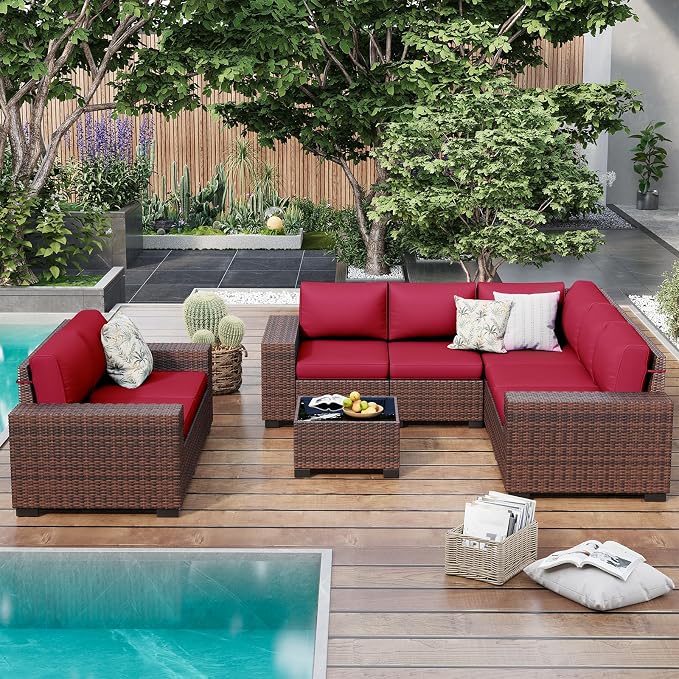 Outdoor Patio Furniture Set, 8‘’ Wide armrest Outdoor Sectional Rattan Sofa Set, Wicker Patio Furniture Sets w/Coffee Table,Thick Cushions for and Cover for Porch,Deck,8 PCS (Brown&Wine)