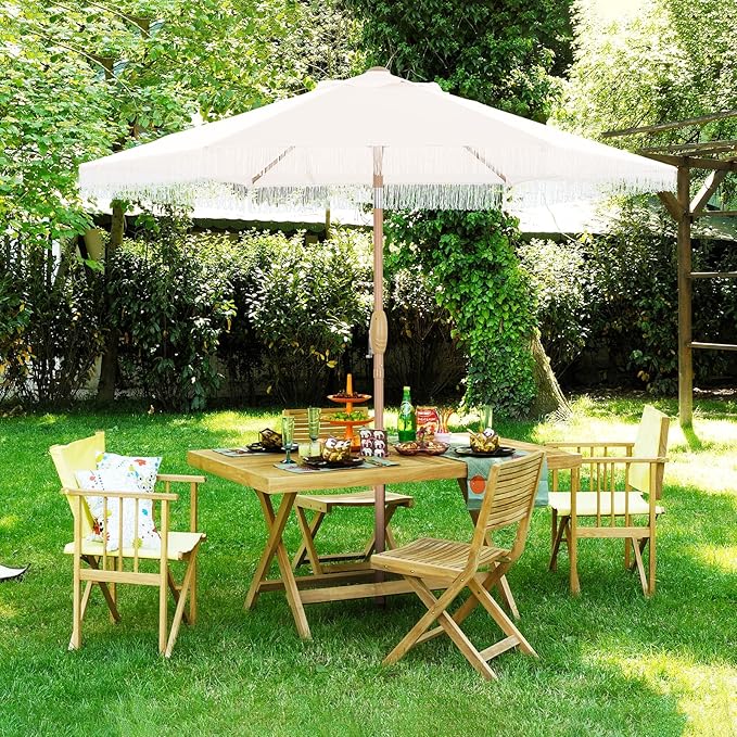 7.5ft Fringe Umbrella,Outdoor Market Umbrella with Push Button Tilt and Crack for Garden, Pool, Deck, Bistro, Beige