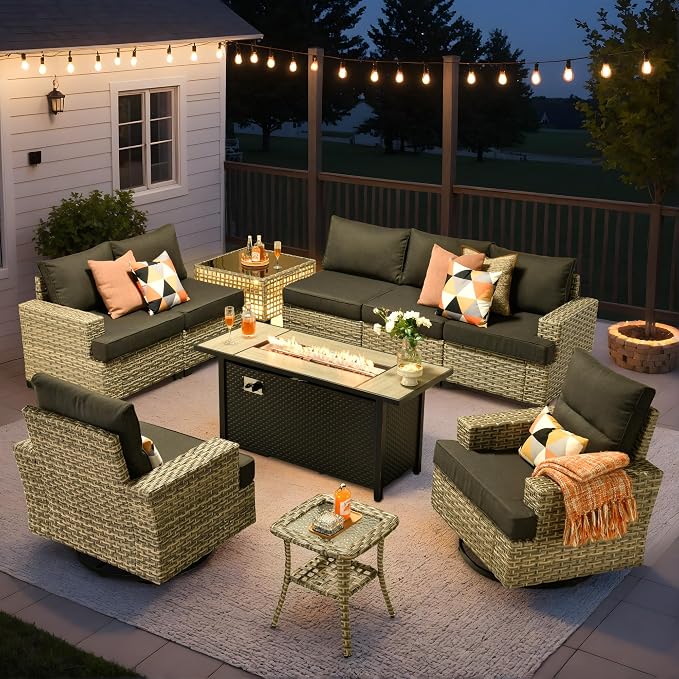 10 Pcs Outdoor Sectional Patio Furniture Set with Fire Pit Table and Swivel Rocking Chairs - All Weather Wicker Modular Outside Sectional Couch,Patio Seating Outdoor Conversation Sets,Black