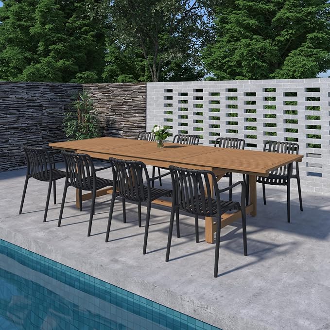 Urban Elements Frida Rectangular Extendable Patio Furniture Set | 100% Certified Teak Finish | Backyard Furniture, Outside Table and Chairs, Rectangular Outdoor Dining Set (Black, 9-Piece)